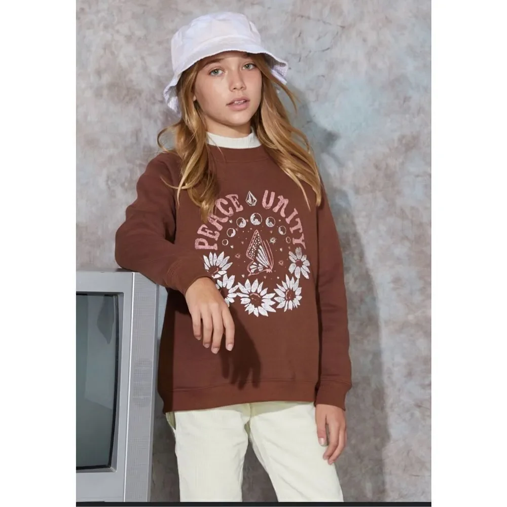 Volcom Brown Crewneck Sweater Peace Unity White Daisy Sweater Size XL 14/16